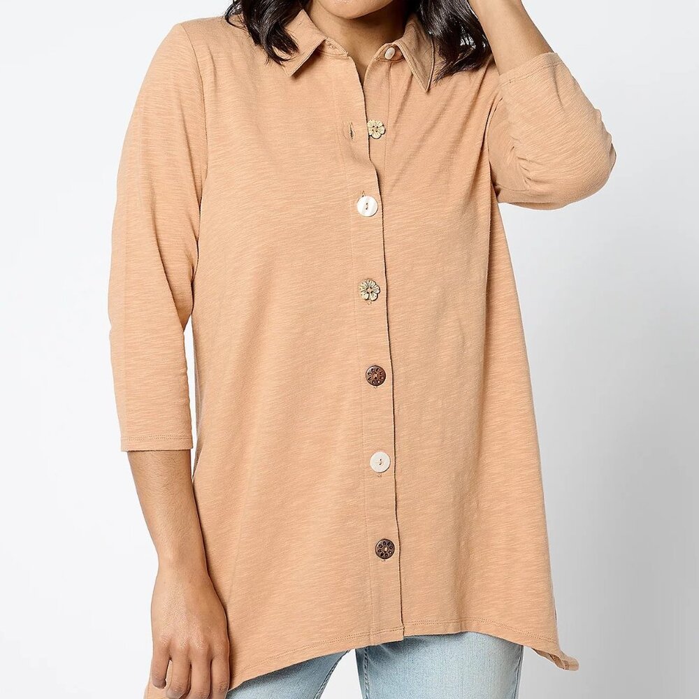 Denim & Co. Regular Texture Knit 3/4 Sleeve Button Tunic Top Sandalwood Small